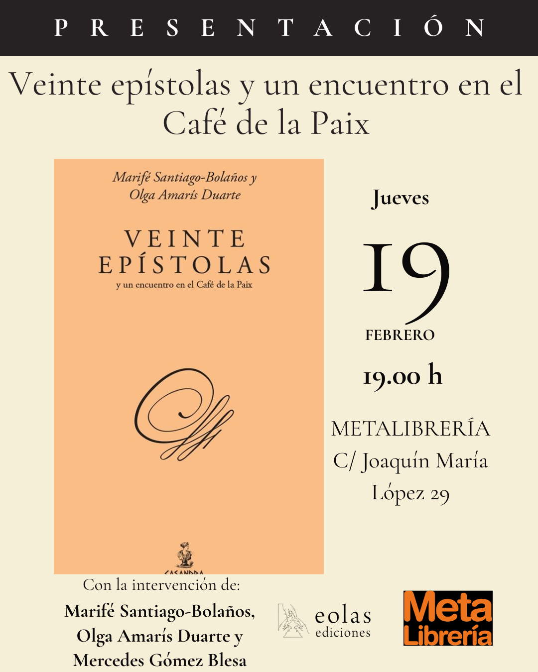 Cartel presentación Veinte epístolas Madrid Metalibrería